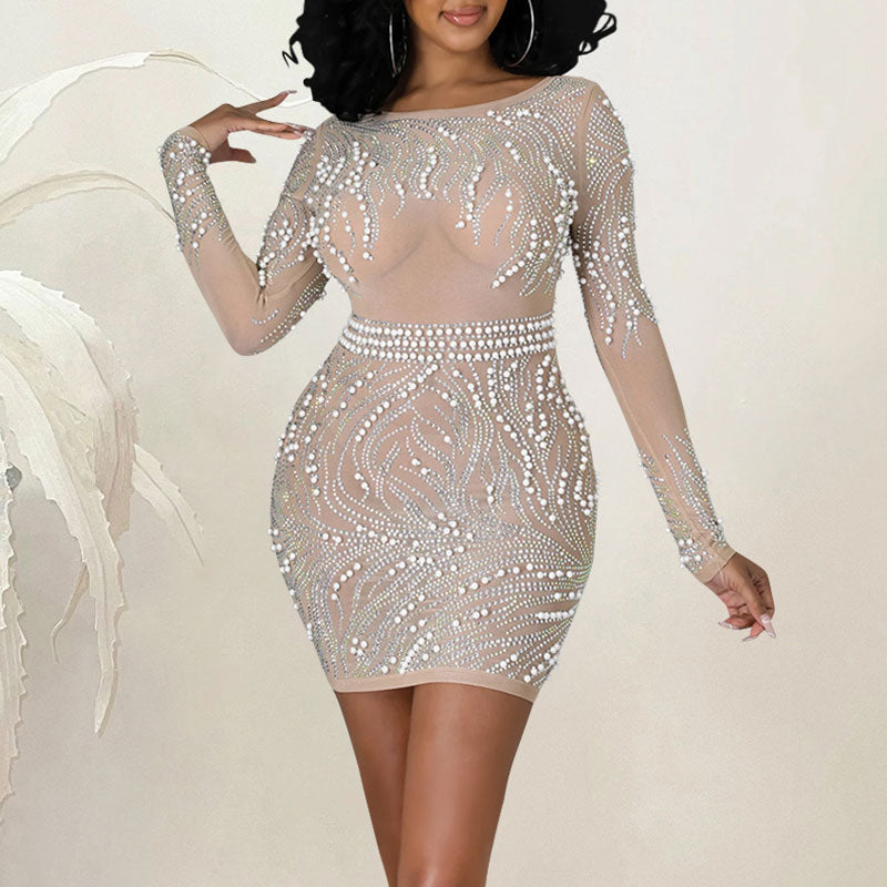 Rhinestone Beaded Long Sleeve Sheer Mesh Bodycon Dress