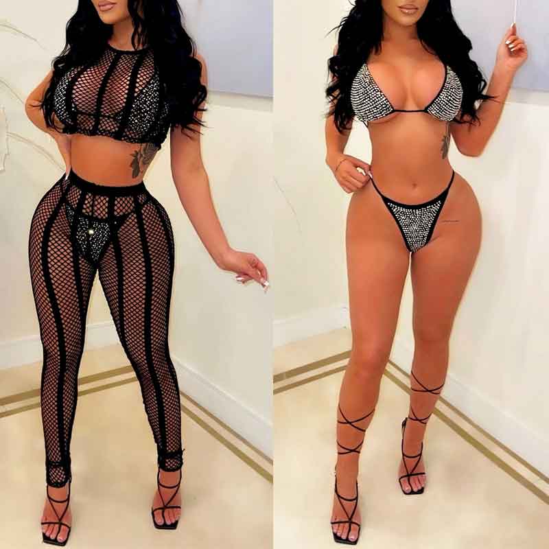 Rhinestone Sheer Mesh 4PCS Pants Set