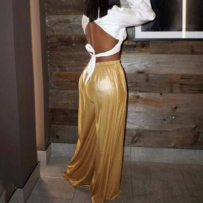 Solid High Waist Wide Leg Pants