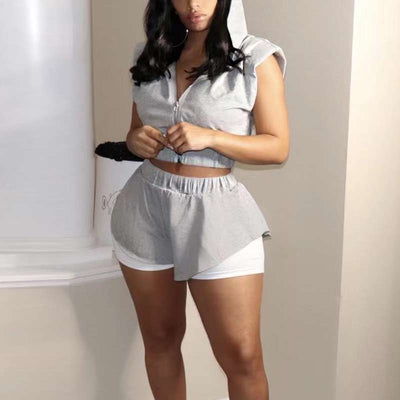 Solid Sleeveless Hoodie Top & Anti Emptied Shorts Set