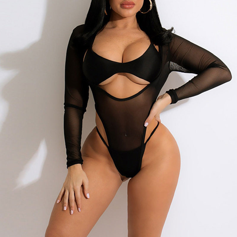 Solid Sheer Mesh 3PCS Swimsuit Set