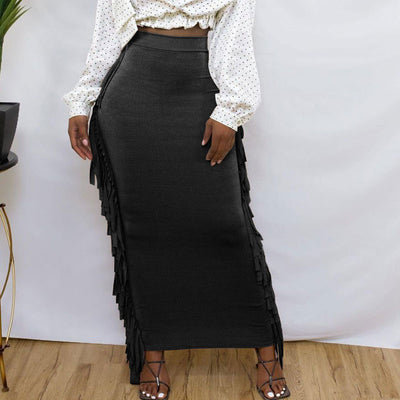 Solid High Waist Tassel Design Skirt