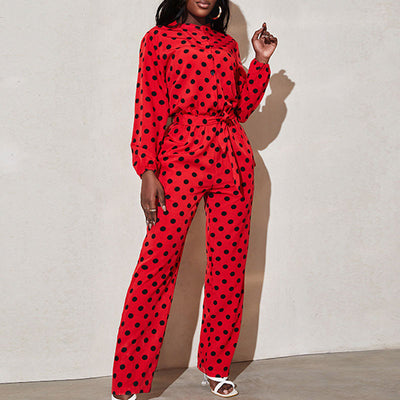 Polka Dot Print Long Sleeve Belted Jumpsuit