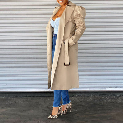 Solid Puff Sleeve Double Breasted Long Coat