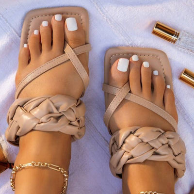 Solid Suqare Toe Straw Flat Sandals