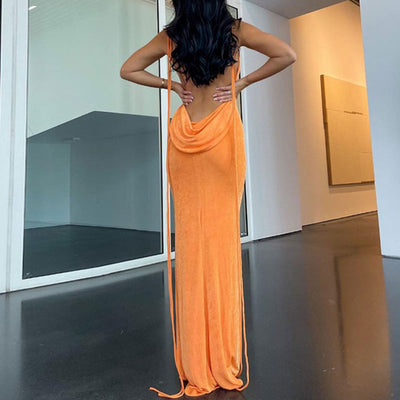 Solid Halter Backless Maxi Dress