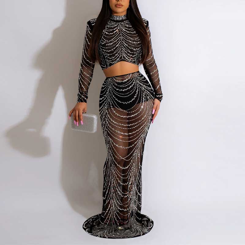 Rhinestone Sheer Mesh 2PCS Skirt Set