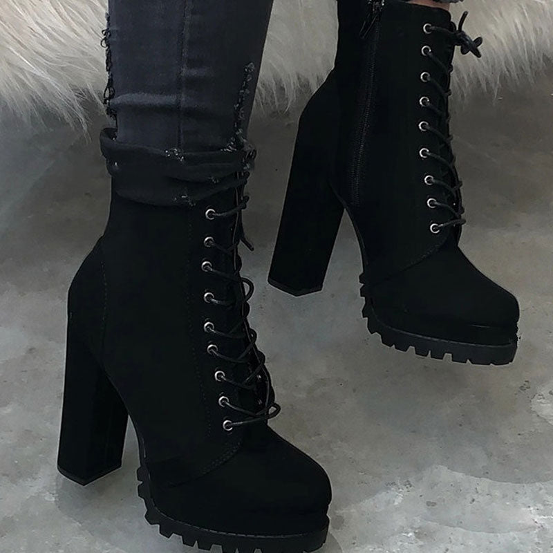 Suede Lace Up Platform Chunky Heeled Booties