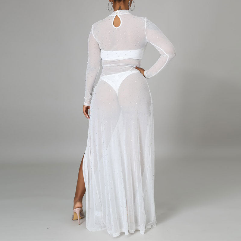 Rhinestone Long Sleeve Sheer Mesh High Slit Dress