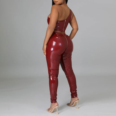 Solid One Shoulder PU Leather Tube Top & Zipper Design Pants Set