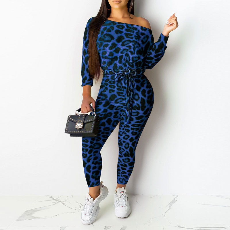 Leopard Print One Shoulder Belted Jumpsuit