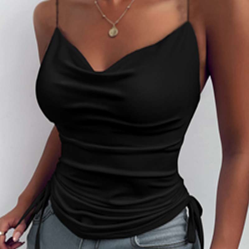 Solid Sleeveless Cowl Neck Drawstring Cami Top