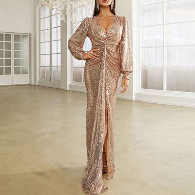 Sequins V-Neck Long Sleeve Ruched High Slit Maxi Evening Dress