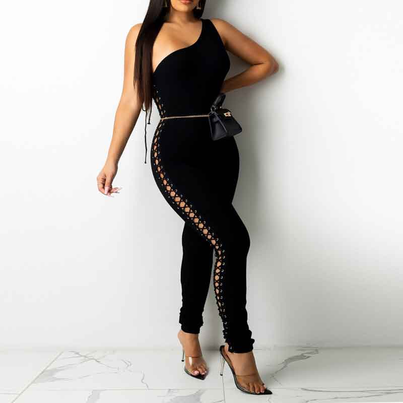 Solid One Shoulder Sleeveless Eyelet Lace Up Jumpsuit Without Belt