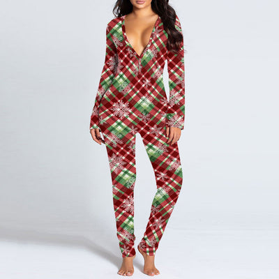 Christmas Pattern Deep V-Neck Long Sleeve Jumpsuit