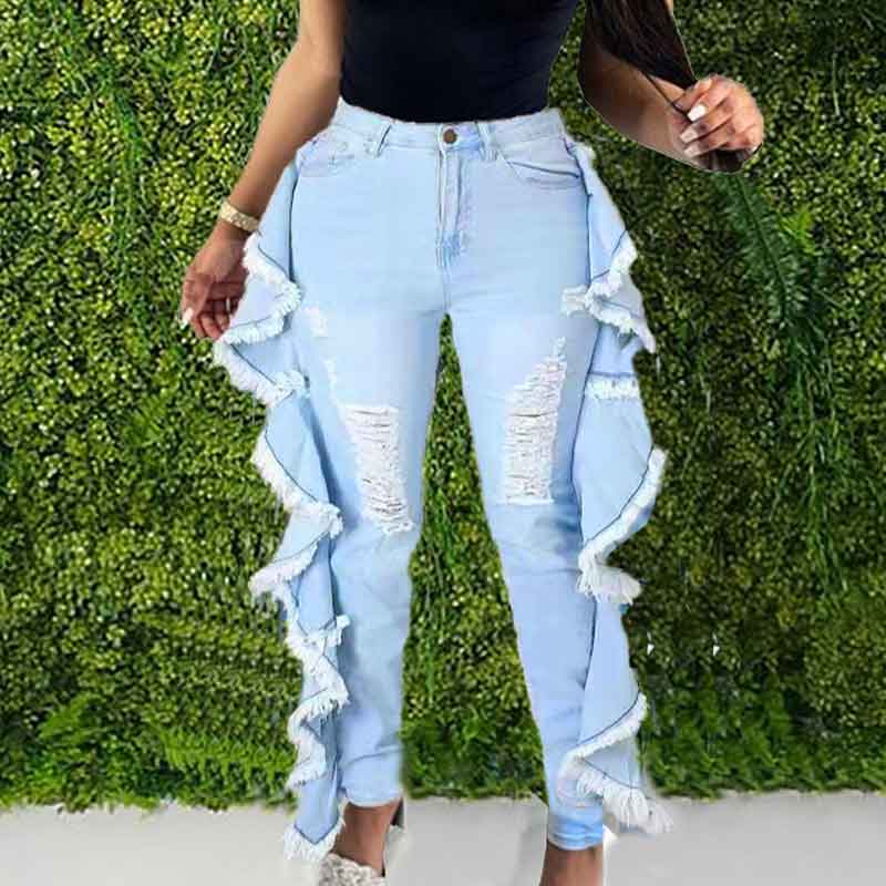 Solid Ripped Ruffle Design Denim Pants