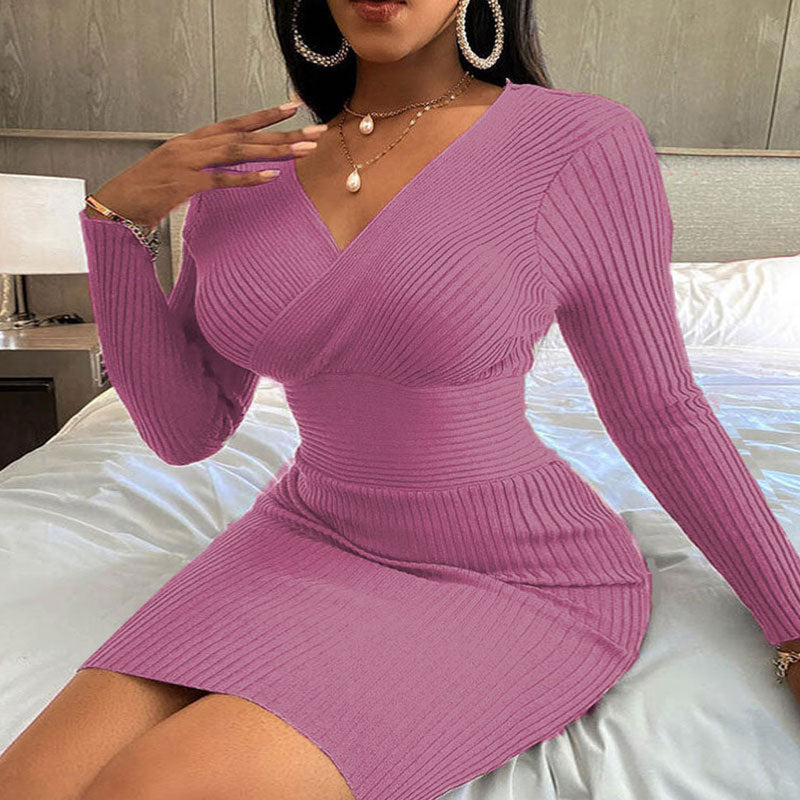 Solid Deep V-Neck Long Sleeve Ribbed Bodycon Dress