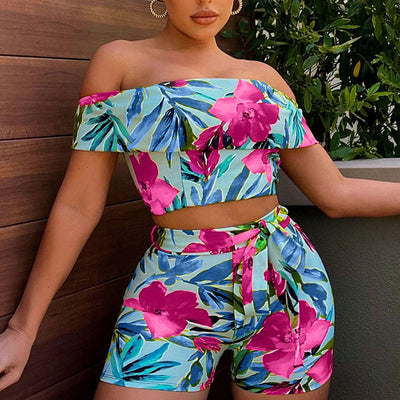 Floral Print Off Shoulder Tube Top & Shorts Set