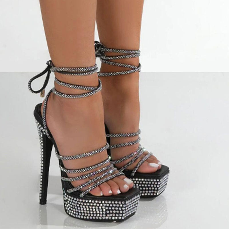 Rhinestone Peep Toe Bandage Wedge Thin Heeled Sandals