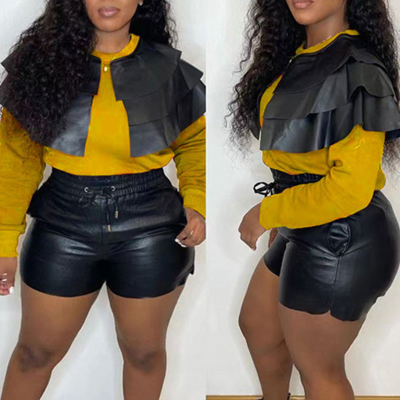 Colorblock Long Sleeve PU Leather Design Top & Shorts Set