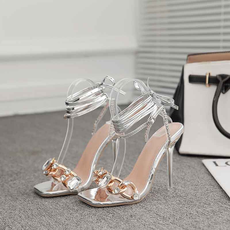 Square Toe Chain Decoration Lace Up Stiletto Heels