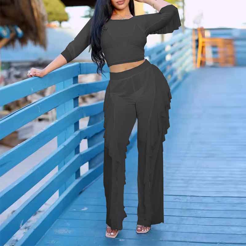 Solid Long Sleeve Ruffle Design Sheer Mesh 2PCS Pants Set