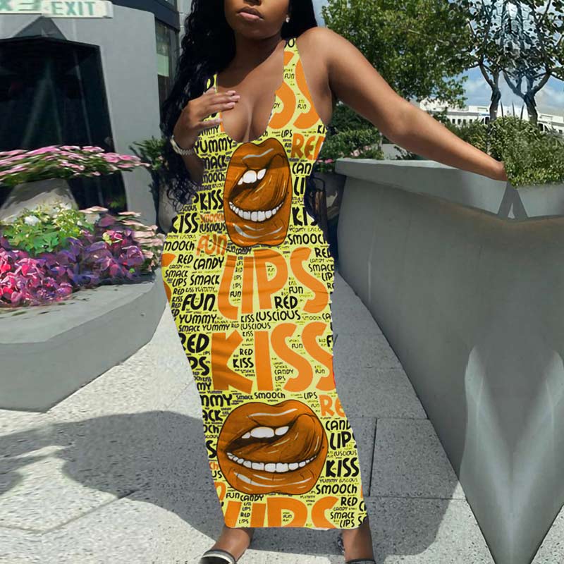 Lips Print Deep V-Neck Sleeveless Maxi Dress