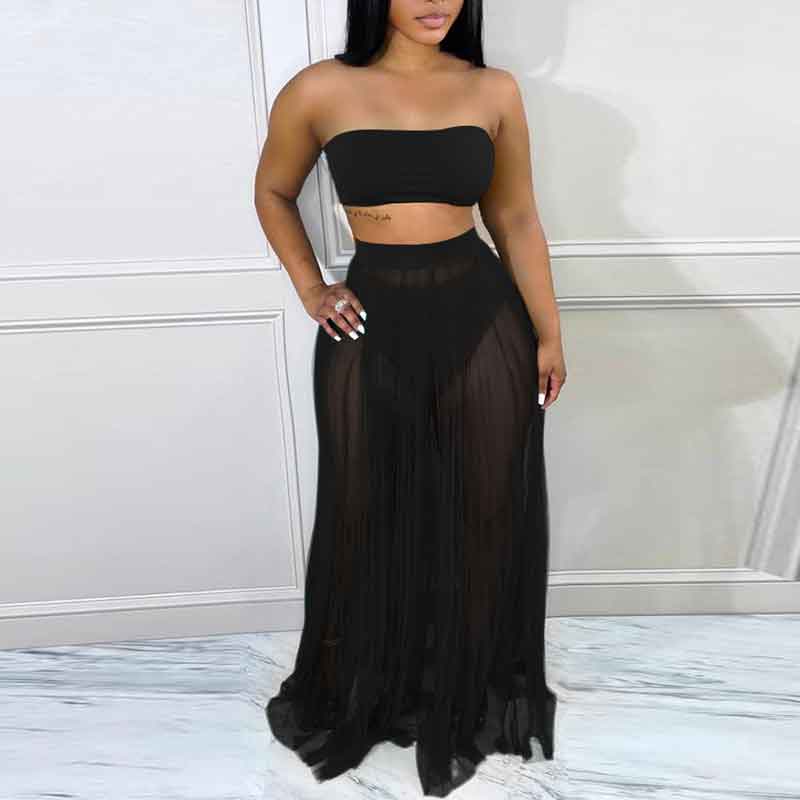 Solid Sleeveless Tube Top & Sheer Mesh Skirt Set