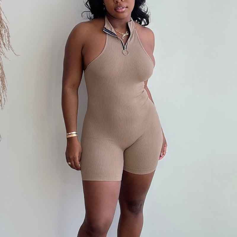 Solid Sleeveless Zipper Design Romper