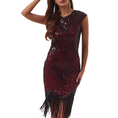 Sequins V-Neck Sleeveless Tassel Design Vintage Dress