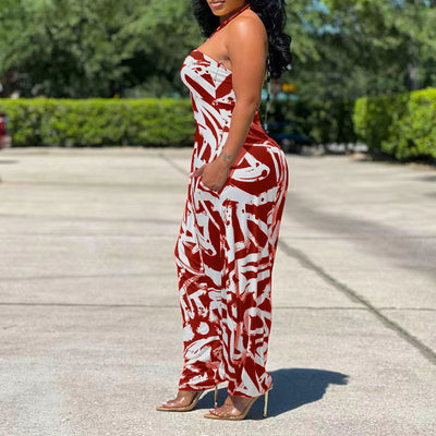 Print Halter Pocket Design Loose Jumpsuit