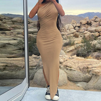 Solid One Shoulder Sleeveless Slit Maxi Dress