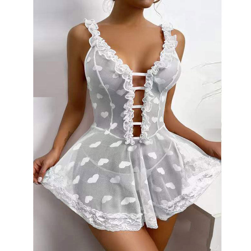 Heart Pattern Sleeveless Cut Out Lace Babydoll