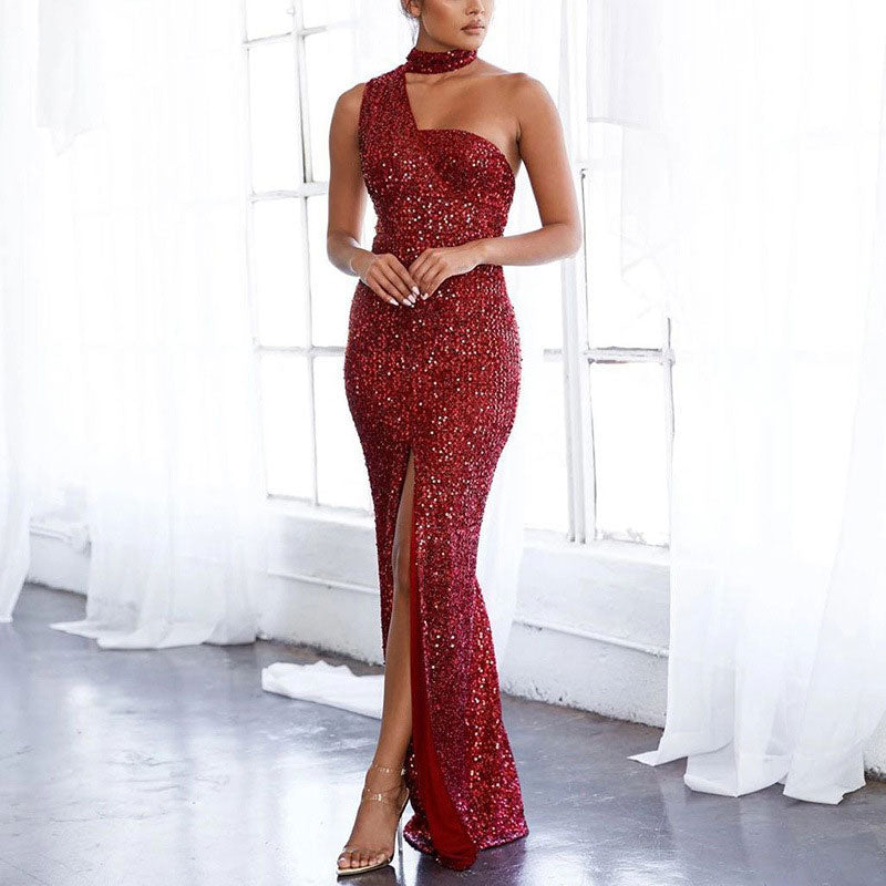 Sequins Sleeveless Halter High Slit Party Dress