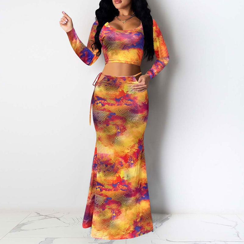 Print Long Sleeve Crop Top & Skirt Set