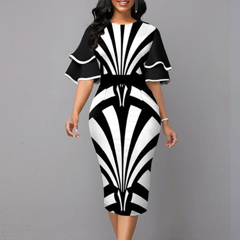 Printed Short Sleeve Ruffle Design Midi Dress