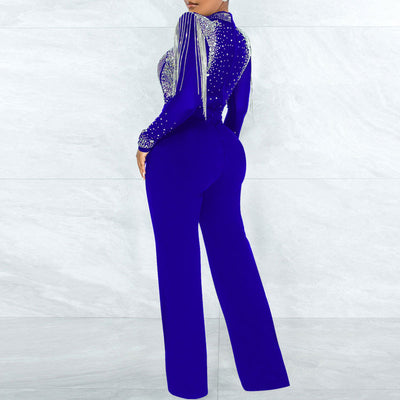 Rhinestone Tassel Design Long Sleeve Sheer Mesh Jumpsuit