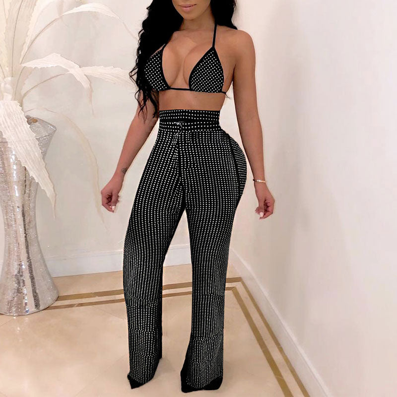 Rhinestone Halter Bra & Wide Leg Pants Set