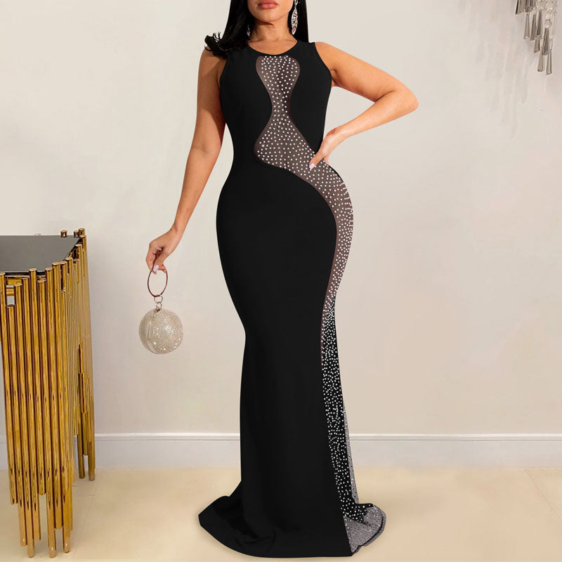 Rhinestone Sleeveless Sheer Mesh Patchwrok Maxi Dress