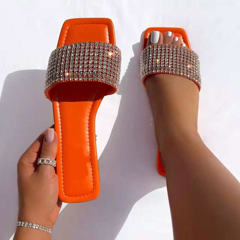 Rhinestone Square Toe Flat Sandals