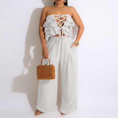 Solid Off Shoulder Lace Up Tube Top & Wide Leg Pants Set