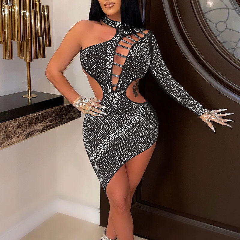 Rhinestone One Sleeve Cut Out Mini Dress