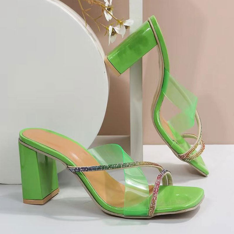 Rhinestone Clear Strap Chunky Heeled Sandals