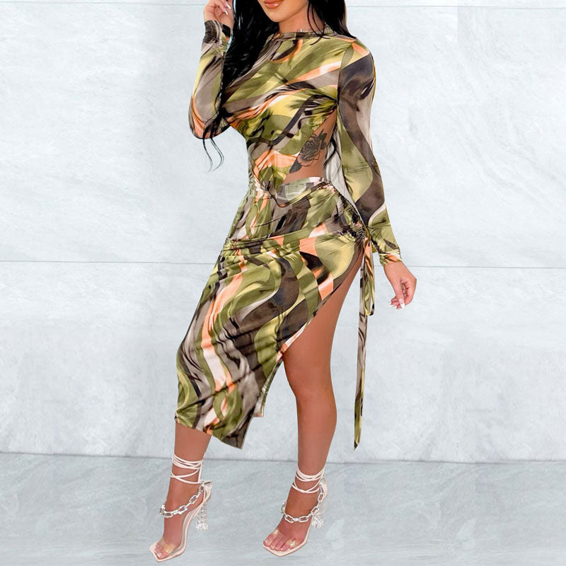 Printed Long Sleeve Backless Drawstring Midi Dress