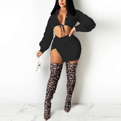 Solid Long Sleeve Bandage Two Piece Skirt Set