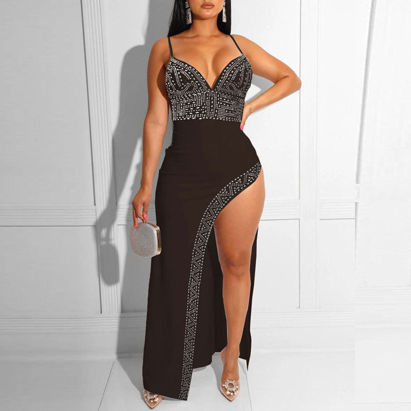 Rhinestone Spaghetti Strap High Slit Maxi Dress