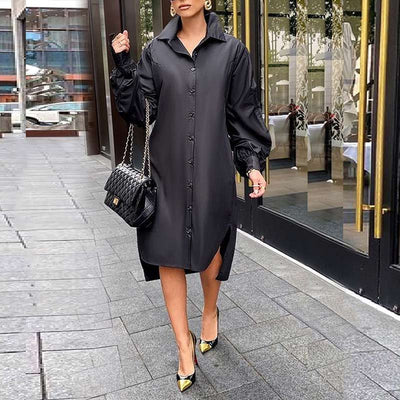 Solid Ruched Sleeve Button Detailed Shirt Dress