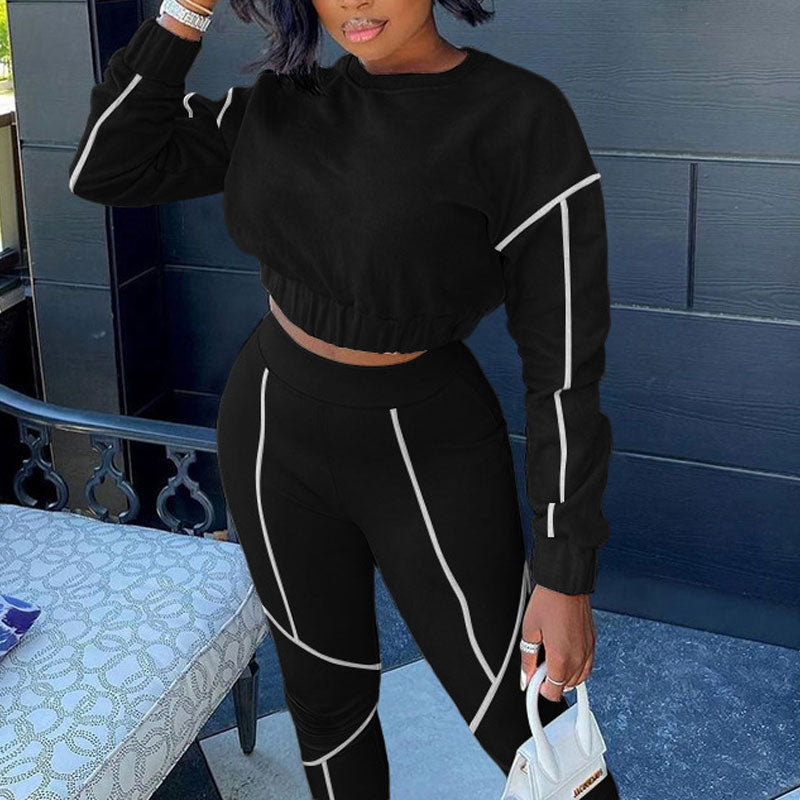 Solid Long Sleeve Crop Top & Pants Set