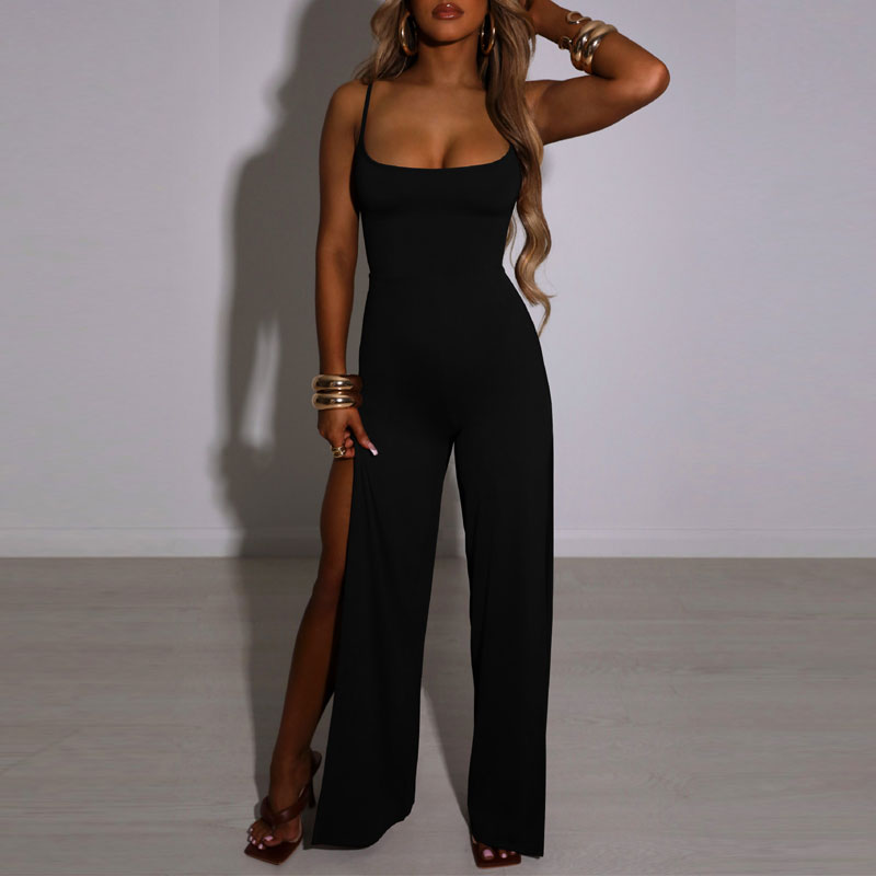 Solid Sleeveless Spaghetti Strap High Slit Jumpsuit