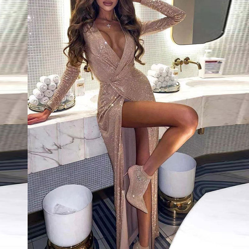 Glitter Deep V-Neck Long Sleeve High Slit Dress